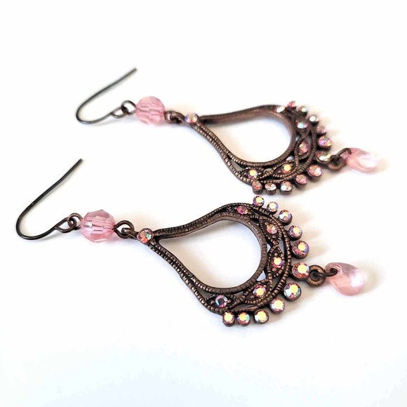 ๐๐ Vintage Copper Bohemian Pink Inlaid Rhinestones Chandelier Earrings - Picture 3 of 6